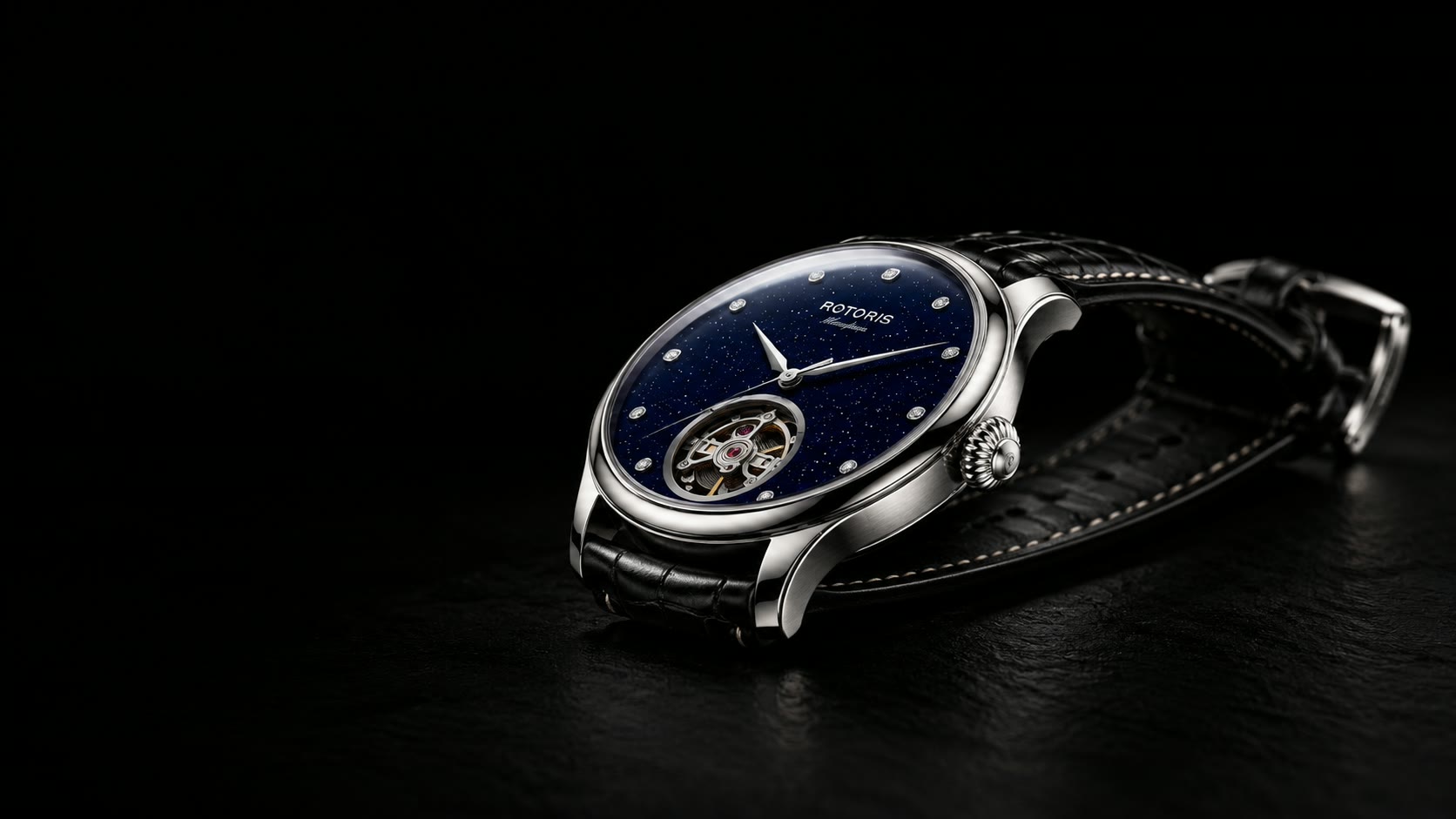 The Manifesta lying on black slate: the polished steel case flank, the fluted crown and the black leather strap with cream stitching.