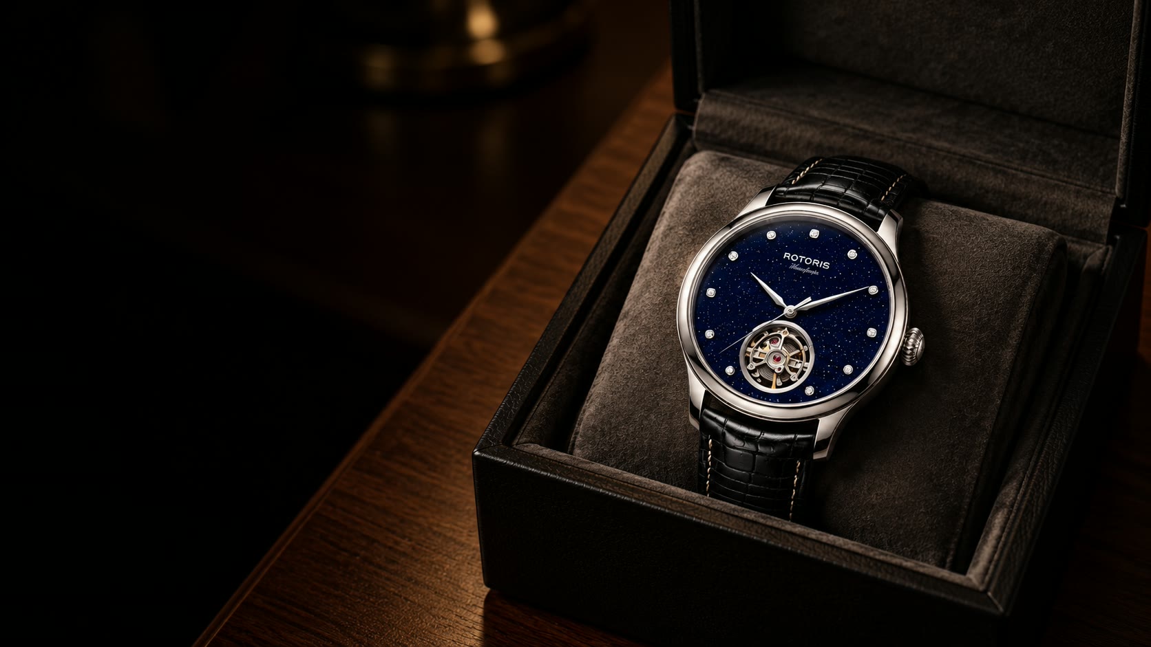 The Manifesta Blue Aventurine resting in an open presentation box on a walnut table, in low warm light.