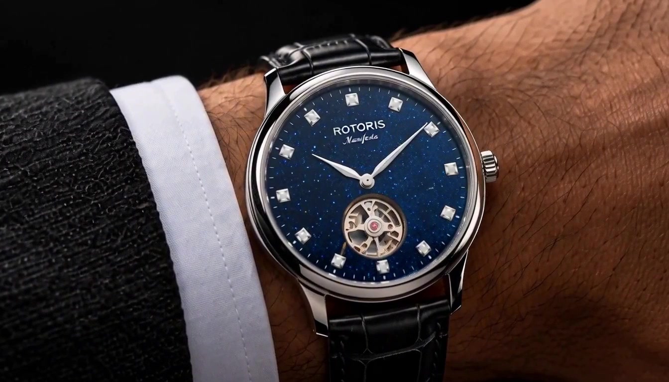 Close-up of the Manifesta on the wrist: the blue aventurine dial, flecked with light, and the open heart at 6.