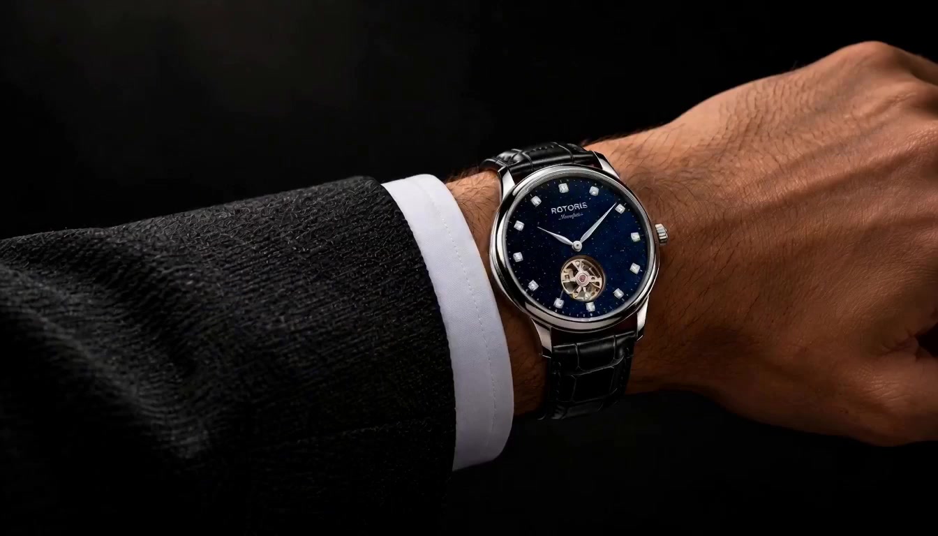 The Manifesta Blue Aventurine on a man's wrist, below a white shirt cuff and dark suit sleeve.