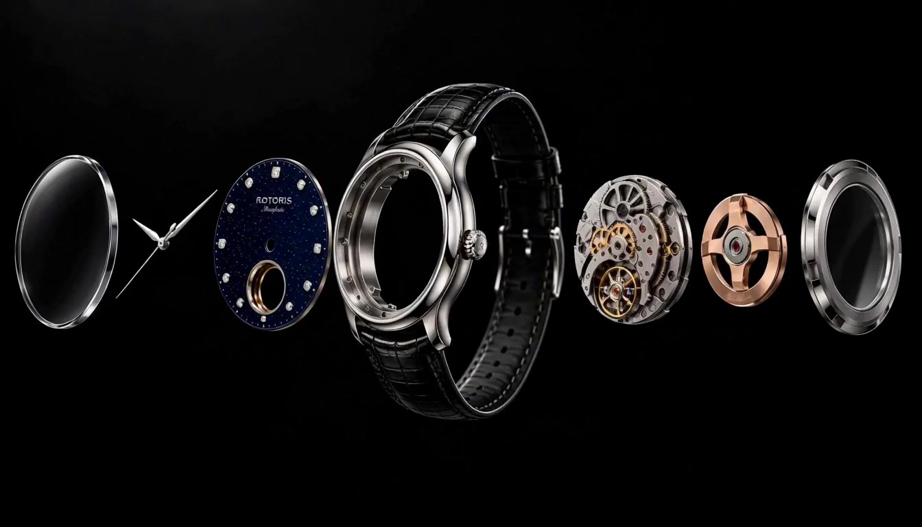 The Manifesta separated into its parts in a row: sapphire crystal, hands, aventurine stone dial, case and strap, RSGA01 calibre, rotor and exhibition caseback.